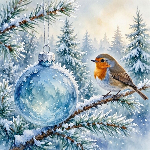 Winter Robin & Frosted Blue Ornament – Snowy Aquarelle Scene (JPEG)