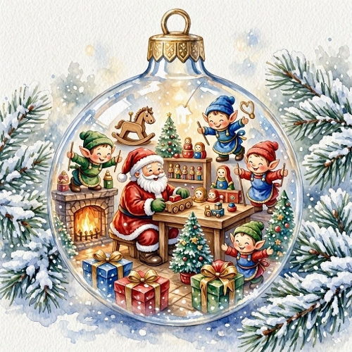 3D Christmas Card – Santas Workshop Inside Glass Ornament (JPEG)