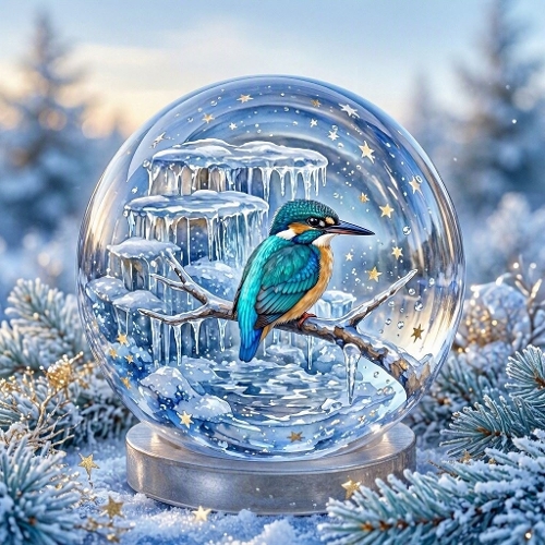 Winter Kingfisher Snow Globe – Frosted Icy Aquarelle Scene (JPEG)