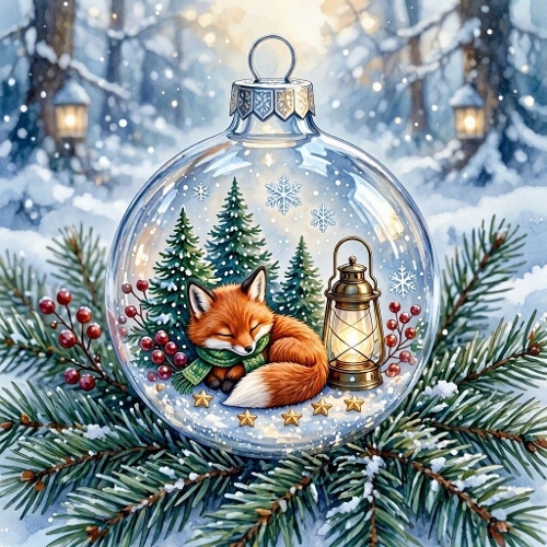 Christmas Fox Ornament – Cozy Winter Aquarelle Scene (JPEG)