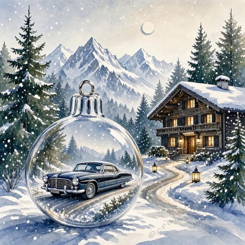 Winter Cabin & Classic Car Ornament – Snowy Aquarelle Scene (JPEG)