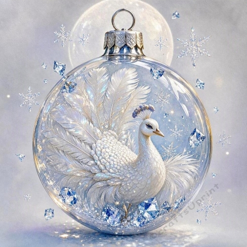 White Peacock Christmas Ornament – Frosted Gemstone Aquarelle (JPEG)