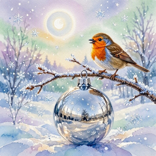 Winter Robin & Silver Ornament – Snowy Aquarelle Scene (JPEG)