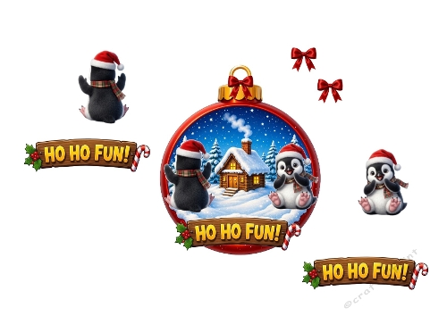 Penguin Christmas Ornament Set – Playful HO HO FUN Winter Scene (JPEG)