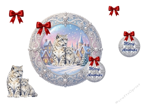 Merry Christmas 3D Mini Card – Snow Leopards & Winter Village (JPEG)