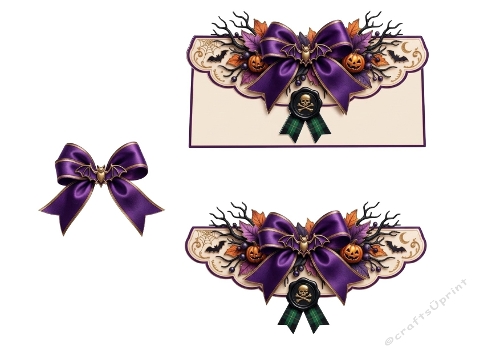 Halloween 3D Mini Card – Purple Bow & Bat Ornament Set (JPEG)
