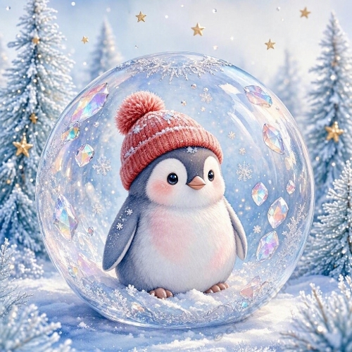Watercolor Christmas Illustration – Baby Penguin Snow Globe (1024×1024 JPEG)