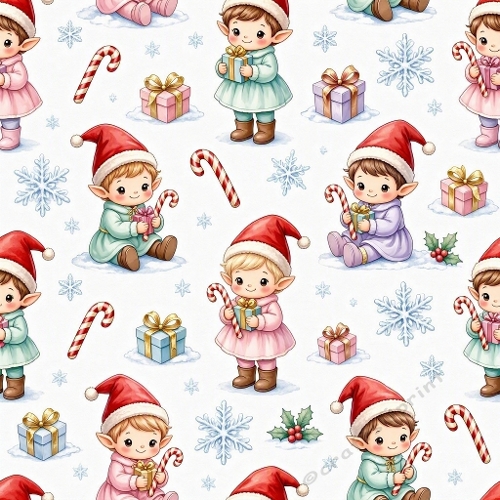Watercolor Christmas Pattern – Festive Cartoon Elves (1024×1024 JPEG)