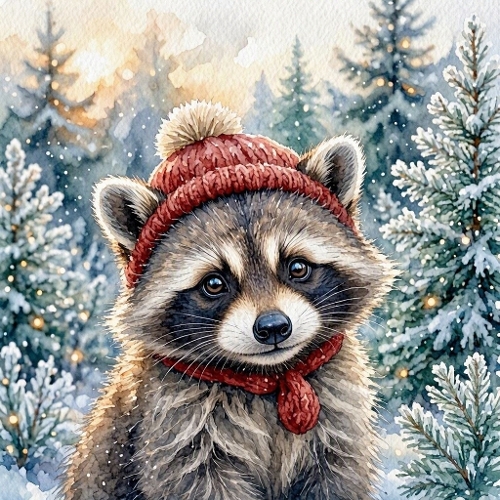 Watercolor Christmas Illustration – Winter Raccoon (1024×1024 JPEG)