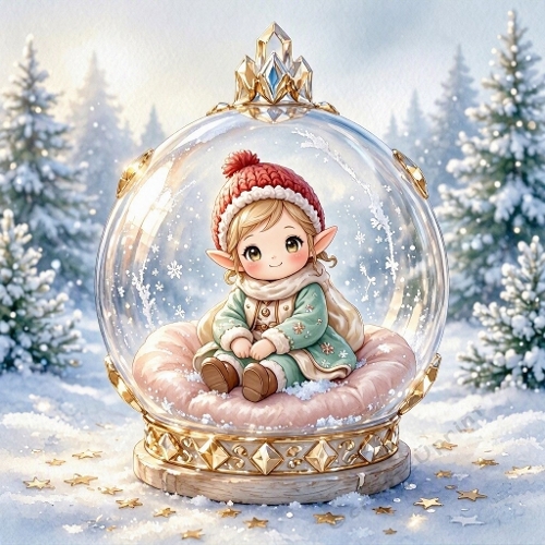Watercolor Christmas Illustration – Snow Globe Elf (1024×1024 JPEG)