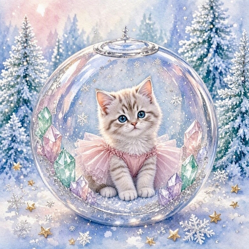 Watercolor Christmas Illustration – Crystal Snow Globe Kitten (1024×1024 JPEG)