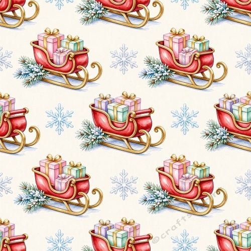 Watercolor Christmas Pattern – Red Gift Sleighs (1024×1024 JPEG)