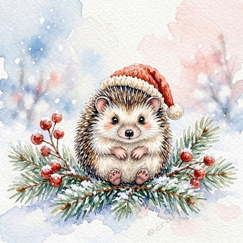Watercolor Christmas Illustration – Winter Hedgehog (1024×1024 JPEG)