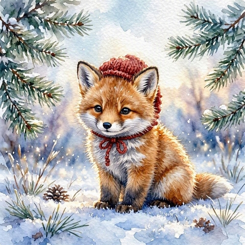 Watercolor Christmas Illustration – Winter Fox (1024×1024 JPEG)