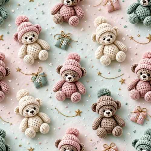 Watercolor Christmas Pattern – Crochet Teddy Bears (1024×1024 JPEG)