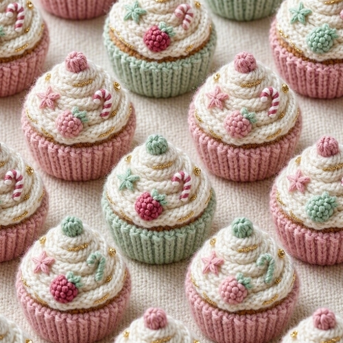 Watercolor Christmas Pattern – Knitted Cupcakes (1024×1024 JPEG)