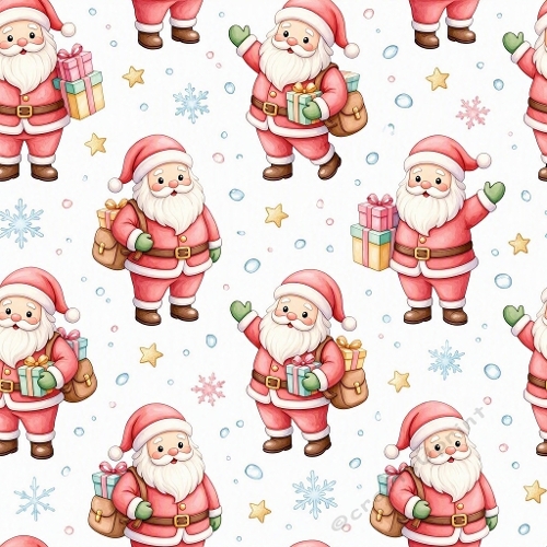 Watercolor Christmas Pattern – Cartoon Santa Claus (1024×1024 JPEG)