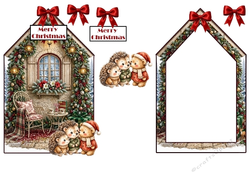 Festive Winter Hedgehog and Bear House Decoupage Craft Sheet