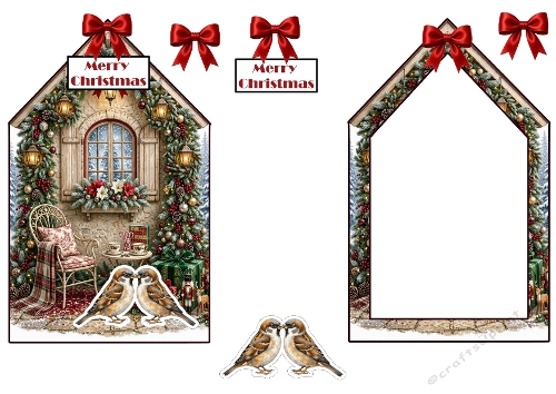 Festive Winter Sparrow Pair House Decoupage Craft Sheet