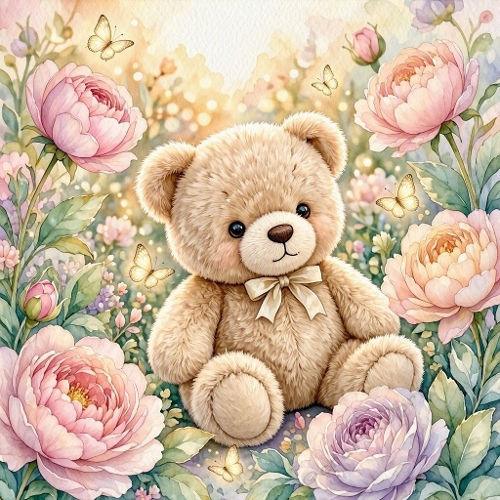 Teddy Bear in Floral Garden Craft Paper