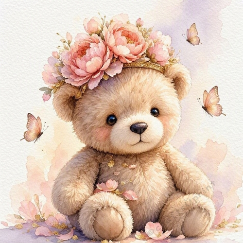 Cute Teddy Bear Peonies Crown Craft Paper 