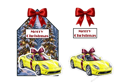 Festive Winter Yellow Sports Car Decoupage Craft Sheet