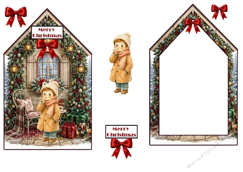 Festive Winter Little Boy House Decoupage Craft Sheet