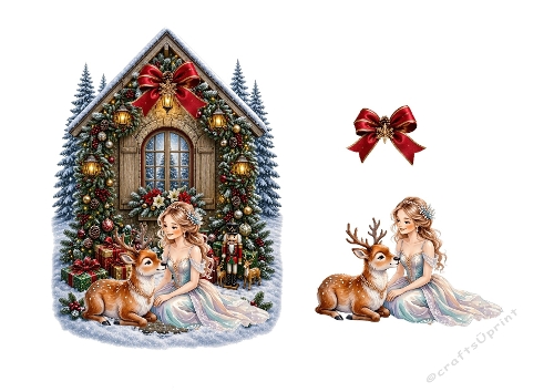 Festive Winter Princess and Deer House Decoupage Craft Sheet