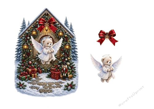 Festive Winter Angel Teddy Bear House Decoupage Craft Sheet