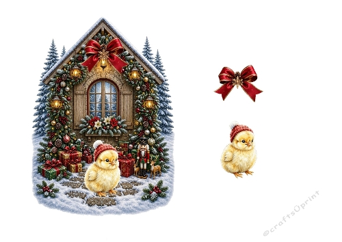 Festive Winter Baby Chick House Decoupage Craft Sheet