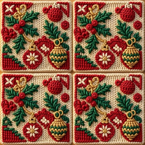 Watercolor Christmas Pattern – Embroidered Ornament Squares (1024×1024 JPEG)