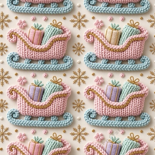 Watercolor Christmas Pattern – Knitted Pink Sleighs (1024×1024 JPEG)