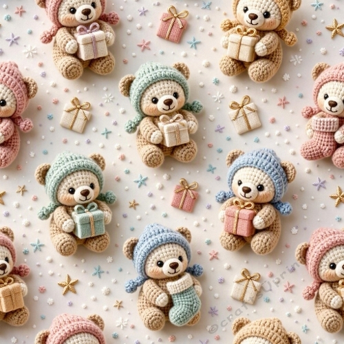 Watercolor Christmas Pattern – Crochet Teddy Bears (1024×1024 JPEG)