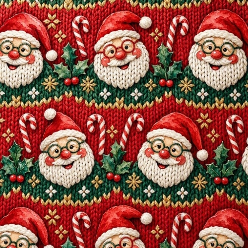 Watercolor Christmas Pattern – Knitted Santa Faces (1024×1024 JPEG)