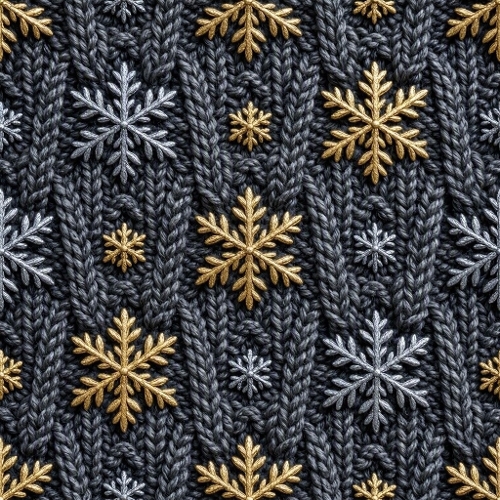 Knitted Snowflake Pattern – HD Dark Gray Winter Textile with Gold & Silver Accents