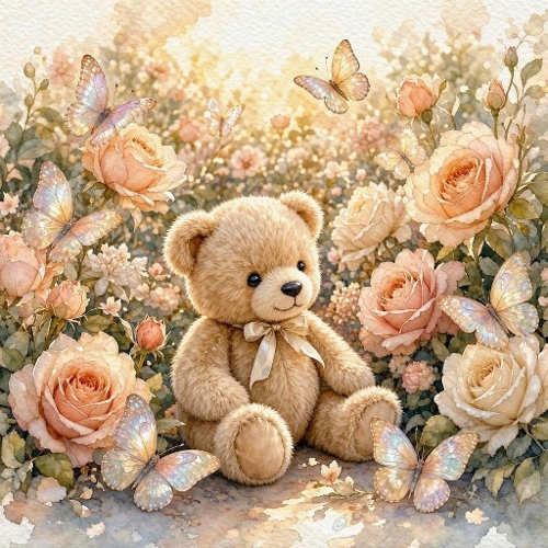 Teddy Bear Peach Rose Garden Craft Paper