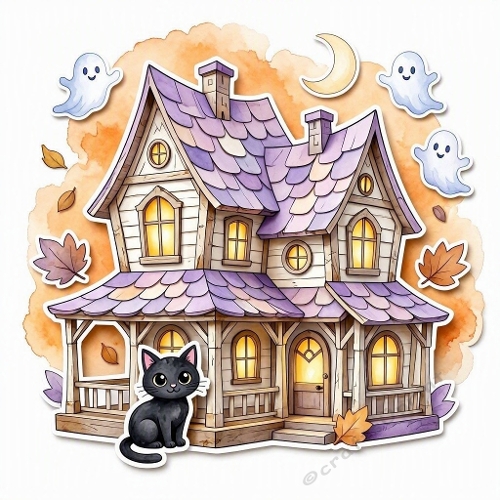 Cute Haunted House Cat Craft Paper  
