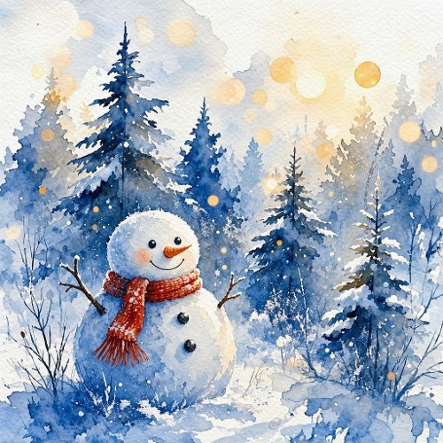 Watercolor Snowman Winter Forest Digital Paper