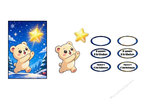 Bear Reaching Star – 3D Mini Card – Merry Christmas / Happy Birthday