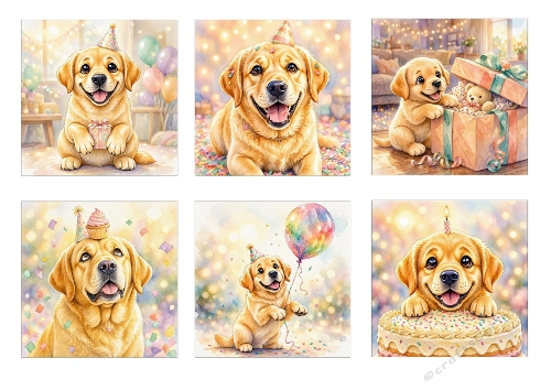 Birthday Puppy Illustration Kit – 6 Designs (1024×1024 JPEG)