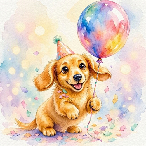 Watercolor Birthday Puppy with Balloon – 1024×1024 JPEG