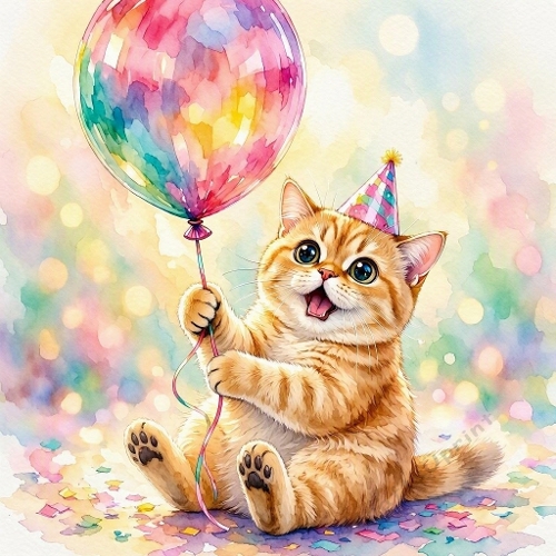 Watercolor Birthday Kitten with Balloon – 1024×1024 JPEG
