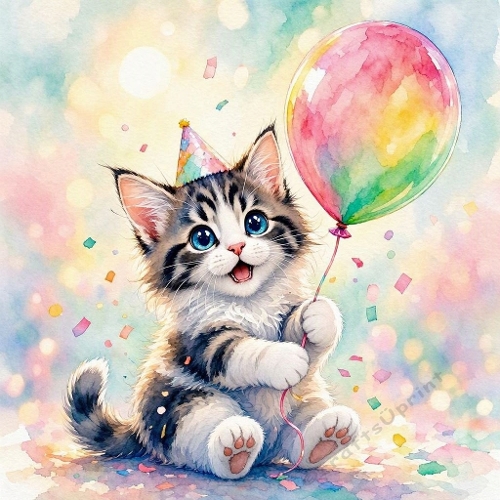 Watercolor Birthday Kitten with Balloon – 1024×1024 JPEG