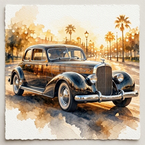 Classic Chrome Elegance – 1930s Luxury Car Watercolor & Golden Sunset Glow