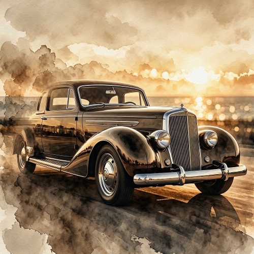 Classic Chrome Elegance – 1930s Watercolor Luxury Car & Golden Sunset Boulevard