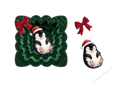 3D Christmas Penguin – Green Frame & Holiday Bow