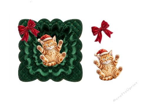 3D Christmas Kitten – Green Cushion Frame & Velvet Bow