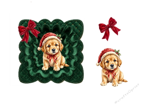 3D Christmas Golden Puppy – Green Frame & Holiday Bow