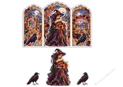 3D Gothic Halloween Witch – Moonlit Castle Scene & Ravens