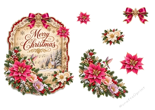 3D Pink Christmas Florals – Winter Church Scene & Holiday Bow